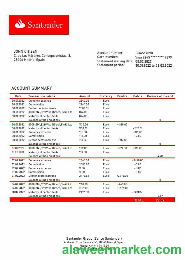 Spain Santander bank statement template in Word and PDF format, version 2